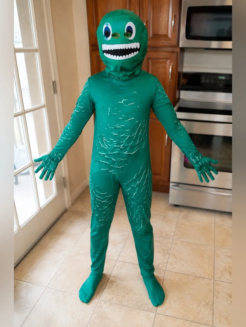 Kids Green Monster Halloween Costume Size 140 (US 9-10) Jumpsuit Mask Gloves